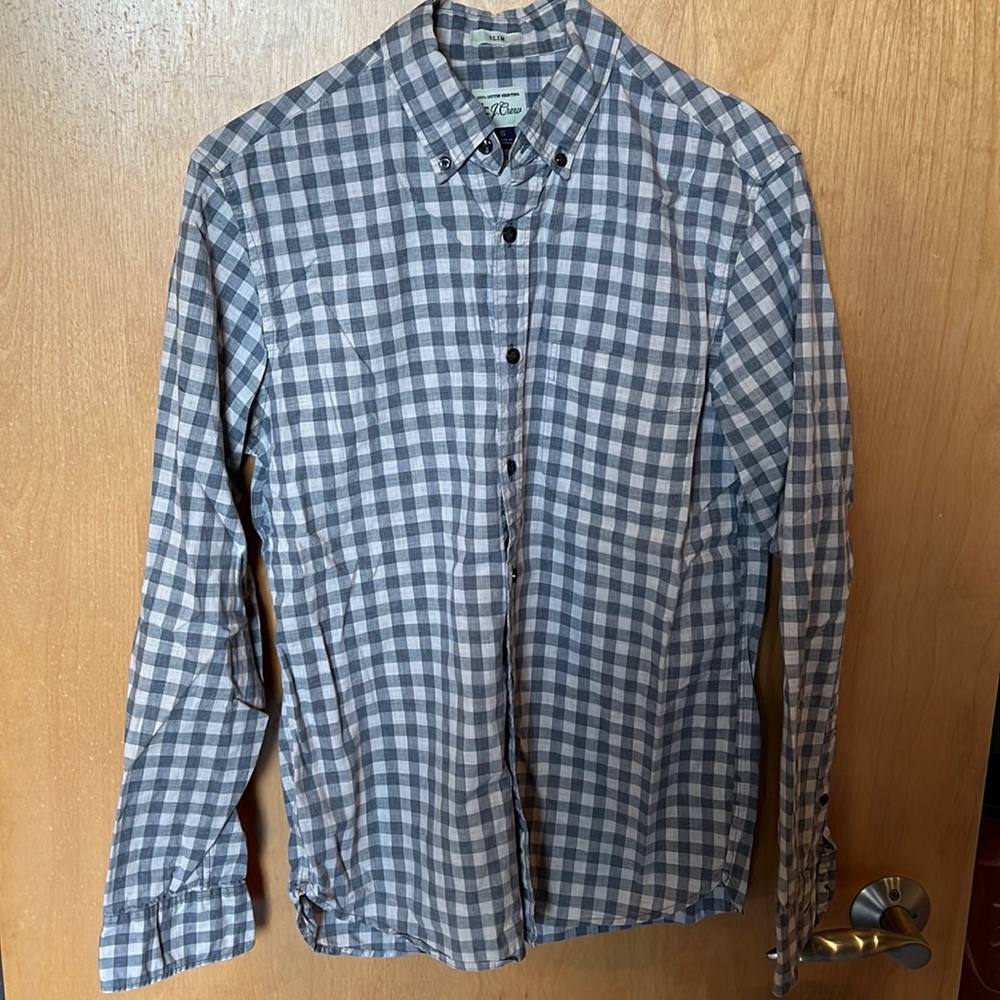 J. Crew gray and beige gingham shirt